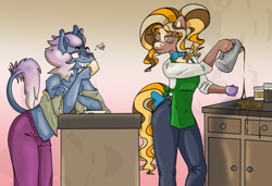 Size: 1201x820 | Tagged: safe, artist:susfully_inspired, derpibooru import, oc, oc only, oc:caramel.m, oc:pasteldusk, anthro, earth pony, kirin, pony, barista, coffee, cup, duo, earth pony oc, gradient background, kirin oc, lgbt, oc x oc, shipping