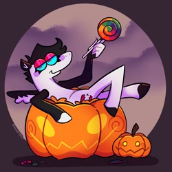 Size: 2048x2048 | Tagged: safe, artist:falloutfurret, derpibooru import, oc, oc only, pegasus, pony, anatomically incorrect, candy, female, food, halloween, holiday, incorrect leg anatomy, jack-o-lantern, lidded eyes, lollipop, looking at you, mare, pumpkin, smiling, smiling at you, solo, suddenly hands, ych example, your character here