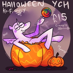 Size: 2048x2048 | Tagged: safe, artist:falloutfurret, derpibooru import, alicorn, pony, candy, commission, food, halloween, hand, holiday, jack-o-lantern, lidded eyes, lollipop, looking at you, pumpkin, smiling, smiling at you, solo, suddenly hands, your character here