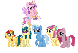 Size: 796x542 | Tagged: safe, artist:diana173076, derpibooru import, juniper montage, pinkie pie, princess cadance, sour sweet, sunset shimmer, trixie, alicorn, pony, unicorn, g4, alternate mane six, alternate universe, equestria girls ponified, horn, pinkamena diane pie, ponified, simple background, species swap, white background