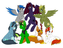 Size: 5000x3800 | Tagged: safe, artist:decemberbreeze, derpibooru import, oc, oc only, bat pony, kirin, pegasus, pony, unicorn, bat pony oc, group, horn, kirin oc, pegasus oc, simple background, transparent background, unicorn oc