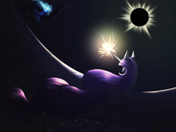 Size: 1280x960 | Tagged: safe, artist:starshine74, derpibooru import, nightmare moon, princess celestia, alicorn, pony, g4, duo, eclipse, pink-mane celestia