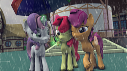 Size: 1920x1080 | Tagged: safe, artist:scorp125, derpibooru import, apple bloom, scootaloo, sweetie belle, earth pony, pegasus, pony, unicorn, g4, 3d, cute, cutie mark crusaders, female, horn, outdoors, ponyville, ponyville town hall, rain, source filmmaker, trio, trio female, umbrella