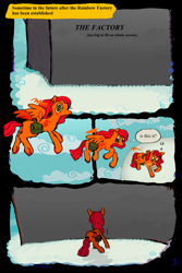 Size: 4000x6000 | Tagged: safe, artist:vemrill, derpibooru import, oc, oc only, pegasus, pony, fanfic:rainbow factory, bag, cloud, comic, english, fanfic art, flying, green eyes, orange coat, red mane, red tail, tail, text