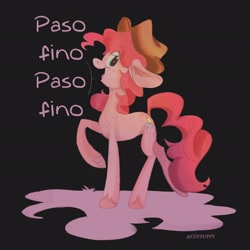 Size: 2048x2048 | Tagged: safe, artist:coypuppy, derpibooru import, pinkie pie, earth pony, pony, g4, eye clipping through hair, female, hat, looking at you, mare, raised hoof, raised leg, solo, spanish, spanish text, speech bubble, unshorn fetlocks