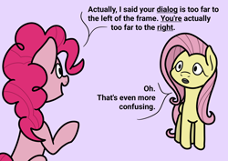 Size: 2048x1448 | Tagged: safe, artist:ewoudcponies, derpibooru import, fluttershy, pinkie pie, earth pony, pegasus, pony, g4, confused, dialogue, duo, duo female, female, looking at each other, looking at someone, mare, meta humor, open mouth, pinkie being pinkie, purple background, simple background