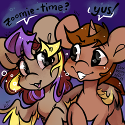 Size: 5000x5000 | Tagged: safe, artist:midnightpremiere, derpibooru import, oc, oc:coffee, oc:hors, pegasus, pony, unicorn, absurd resolution, dialogue, duo, duo male and female, eyebrows, eyebrows visible through hair, female, grin, horn, male, mare, smiling, stallion, wing around shoulder