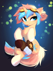 Size: 3330x4455 | Tagged: safe, artist:empress-twilight, derpibooru import, oc, oc only, oc:star screw, pony, unicorn, :p, amputee, cheek fluff, chest fluff, commission, ear fluff, ears, eye clipping through hair, eyebrows, eyebrows visible through hair, female, goggles, goggles on head, horn, mare, prosthetic leg, prosthetic limb, prosthetics, smiling, solo, sparkles, tail, tongue, tongue out, unicorn oc, ych result