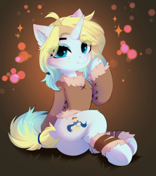 Size: 3444x3874 | Tagged: safe, artist:empress-twilight, derpibooru import, oc, oc only, oc:cloudy crystal, pony, unicorn, butt, cheek fluff, clothes, commission, dock, ear fluff, ears, eye clipping through hair, eyebrows, eyebrows visible through hair, female, horn, leg fluff, looking at you, mare, plot, smiling, smiling at you, solo, sparkles, tail, underhoof, unicorn oc, ych result