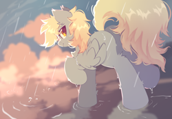 Size: 3300x2300 | Tagged: safe, artist:mirtash, derpibooru import, derpy hooves, pegasus, pony, g4, butt, cloud, eye clipping through hair, female, folded wings, looking at you, looking back, looking back at you, mare, needs more jpeg, plot, rain, raised hoof, raised leg, solo, wings