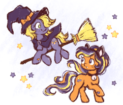 Size: 700x600 | Tagged: safe, artist:fizpup, derpibooru import, abra-ca-dabra, earth pony, pony, g3, bell, bell collar, broom, cat ears, collar, duo, duo female, female, flying, flying broomstick, hair over one eye, hat, looking at each other, looking at someone, mare, pumpkin tart, smiling, witch hat