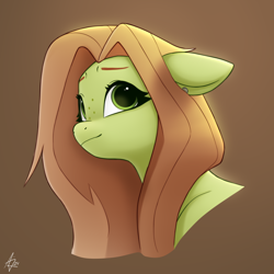 Size: 2000x2000 | Tagged: safe, artist:luminousdazzle, derpibooru import, oc, oc only, oc:lumina, pegasus, pony, brown background, ear piercing, ears, female, floppy ears, freckles, green eyes, long mane, looking up, mare, pegasus oc, piercing, signature, simple background, smiling, solo