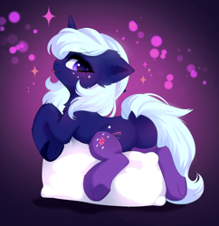 Size: 3880x4014 | Tagged: safe, artist:empress-twilight, derpibooru import, oc, oc only, oc:stella skysong, pony, unicorn, :p, blushing, butt, chest fluff, clothes, commission, dock, ear fluff, ears, eyebrows, eyebrows visible through hair, female, horn, mare, pillow, plot, smiling, socks, solo, sparkles, tail, thigh highs, tongue, tongue out, underhoof, unicorn oc, ych result