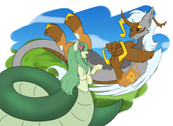 Size: 4100x3000 | Tagged: safe, artist:shamy-crist, derpibooru import, oc, oc only, oc:apollo, oc:lamey, draconequus, lamia, original species, snake, snake pony, big tail, bracelet, curved horn, duo, duo male and female, fat tail, female, flower, flower in hair, folded wings, gold bracelet, horn, jewelry, lidded eyes, long mane, looking at each other, looking at someone, lyre, male, musical instrument, neck fluff, signature, smiling, smiling at each other, snakepony, tail, wings