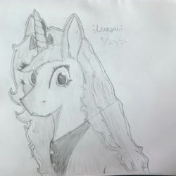 Size: 4584x4592 | Tagged: safe, derpibooru import, princess luna, g4, looking offscreen, monochrome, pencil drawing, s1 luna, traditional art