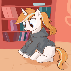 Size: 431x431 | Tagged: artist needed, safe, derpibooru import, oc, oc only, oc:distant haze, alicorn, pony, bookshelf, clothes, female, hoodie, open mouth, sitting, solo