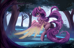 Size: 4473x2926 | Tagged: safe, artist:fluttersheeeee, derpibooru import, oc, oc only, pegasus, pony, coat markings, colored wings, dappled, female, forest, grass, looking at you, looking back, looking back at you, mare, nature, outdoors, pegasus oc, scenery, smiling, smiling at you, solo, spread wings, tail, tree, wings