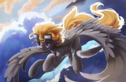 Size: 2903x1890 | Tagged: safe, artist:fluttersheeeee, derpibooru import, oc, oc only, pegasus, pony, cloud, female, flying, goggles, goggles on head, mare, outdoors, pegasus oc, sky, solo, spread wings, tail, wings