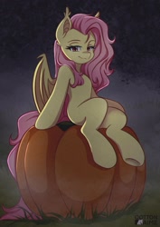 Size: 1448x2048 | Tagged: safe, artist:chickenbrony, derpibooru import, fluttershy, bat pony, pony, g4, bat ponified, bat wings, female, flutterbat, human shoulders, mare, outdoors, pumpkin, race swap, sitting, smiling, solo, underhoof, wings