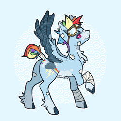 Size: 1000x1000 | Tagged: safe, artist:sokoistrying, derpibooru import, rainbow dash, pegasus, g4, alternate design, bandage, base used, colored wings, goggles, goggles on head, wings