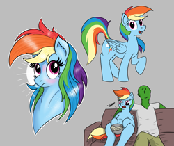 Size: 2803x2356 | Tagged: safe, artist:eels, derpibooru import, rainbow dash, oc, oc:anon, human, pegasus, pony, g4, burp, duo, duo male and female, female, food, gray background, male, multicolored hair, open mouth, open smile, popcorn, rainbow hair, simple background, smiling, sofa