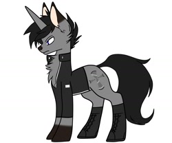 Size: 1500x1250 | Tagged: safe, artist:ruchiyoto, derpibooru import, oc, oc only, oc:black cross, fox, fox pony, hybrid, unicorn, boots, clothes, fusion, horn, shoes, simple background, solo, white background