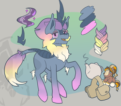 Size: 1298x1144 | Tagged: safe, artist:susfully_inspired, derpibooru import, oc, oc only, kirin, bag, bags under eyes, gradient background, gradient mane, horn, kirin oc, lgbt, magic, plushie, reference sheet, solo, teapot