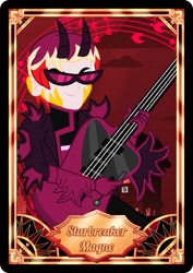 Size: 765x1080 | Tagged: safe, artist:robertsonskywa1, derpibooru import, edit, oc, oc only, oc:starbreaker firewalker, demon, human, equestria girls, g4, ccg, clothes, guitar, hazbin hotel, hellaverse, horns, looking at you, male, musical instrument, photo, smiling, smiling at you, solo, sunglasses, text, trading card, trading card edit