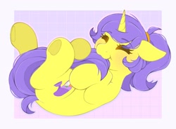 Size: 2395x1764 | Tagged: safe, artist:adostume, derpibooru import, oc, oc only, oc:tulipan, unicorn, biting, blushing, cute, eyes closed, horn, lying down, nibbling, ocbetes, on back, passepartout, ponytail, raised hoof, raised leg, solo, tail, tail bite, underhoof, unicorn oc