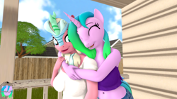 Size: 3840x2160 | Tagged: safe, artist:pootanger_sfm, derpibooru import, oc, oc:fiona mahri, oc:sugar floss, anthro, kirin, unicorn, 3d, eyes closed, horn, hug, hug from behind, kirin oc, looking back, outdoors, smiling, source filmmaker, unicorn oc