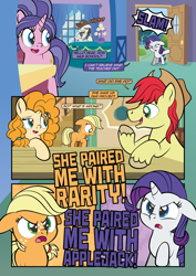 Size: 1920x2715 | Tagged: safe, artist:alexdti, derpibooru import, applejack, bright mac, cookie crumbles, hondo flanks, pear butter, rarity, earth pony, pony, unicorn, comic:how we met, g4, ears, female, filly, filly applejack, filly rarity, floppy ears, foal, horn, younger