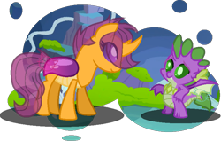 Size: 741x472 | Tagged: safe, artist:craftycitty, derpibooru import, scootaloo, spike, changedling, changeling, g4, changedlingified, changeling dragon, changelingified, duo, female, filly, foal, looking at each other, looking at someone, scootaling, smiling, smiling at each other, species swap, story included