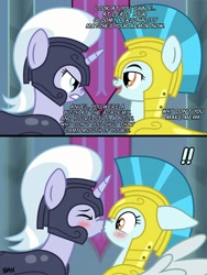 Size: 1936x2571 | Tagged: safe, artist:banquo0, derpibooru import, silver sable, pegasus, pony, unicorn, g4, 2 panel comic, angelsable, angry, armor, blushing, comic, cute, dialogue, exclamation point, eyes closed, female, guardian angel (g4), guardsmare, heart, heart eyes, horn, kiss on the lips, kissing, lesbian, mare, royal guard, shipping, spread wings, stare down, surprise kiss, surprised, text, wingboner, wingding eyes, wings