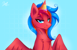 Size: 3500x2250 | Tagged: safe, artist:divori, derpibooru import, oc, oc only, oc:gaffy, pegasus, abstract background, birthday, chest fluff, female, gift art, gradient background, happy birthday, hat, heterochromia, looking at you, mare, party hat, pegasus oc, present, shy, sitting, smiling, smiling at you, solo, solo female, three toned mane