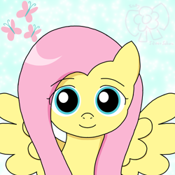 Size: 1600x1600 | Tagged: safe, artist:totallysilversakura, derpibooru import, fluttershy, pegasus, g4, cutie mark, female, looking at you, mare, smiling, smiling at you, solo, staring into your soul