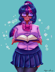 Size: 2550x3300 | Tagged: safe, artist:mylittleyuri, derpibooru import, sci-twi, twilight sparkle, human, g4, book, clothes, cute, dark skin, female, glasses, green background, humanized, ponytail, shirt, simple background, skirt, socks, solo, stockings, thigh highs, twiabetes