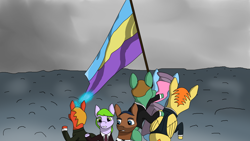 Size: 3840x2160 | Tagged: safe, artist:potatoes, derpibooru import, part of a set, earth pony, pegasus, pony, unicorn, equestria at war mod, flag, horn, outdoors, ponified, species swap