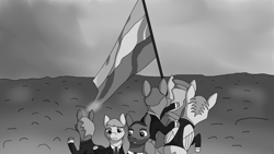 Size: 3840x2160 | Tagged: safe, artist:potatoes, derpibooru import, part of a set, earth pony, pegasus, pony, unicorn, equestria at war mod, black and white, flag, grayscale, horn, monochrome, outdoors, ponified, species swap