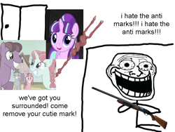 Size: 640x480 | Tagged: safe, derpibooru import, starlight glimmer, troll, g4, the cutie map, bacon braids, currant dust, equal cutie mark, equalized, gun, ivy vine, meme, op is a cuck, our town, schizophrenia, shotgun, sunny song, trollface, weapon