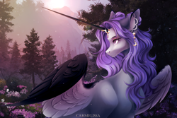 Size: 2038x1364 | Tagged: safe, artist:carmelissa, derpibooru import, oc, oc only, alicorn, pony, alicorn oc, ear piercing, earring, female, flower, forest, horn, horn jewelry, jewelry, mare, nature, outdoors, piercing, scenery, solo, tree, wings