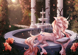 Size: 2386x1690 | Tagged: safe, artist:carmelissa, derpibooru import, oc, oc only, pony, unicorn, book, choker, coat markings, curved horn, ear piercing, earring, female, flower, fountain, hedge, high res, horn, jewelry, lying down, mare, outdoors, piercing, prone, reading, rose, solo, unshorn fetlocks