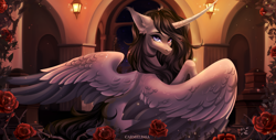 Size: 2560x1303 | Tagged: safe, artist:carmelissa, derpibooru import, oc, oc only, alicorn, pony, alicorn oc, commission, curved horn, female, flower, heterochromia, horn, looking at you, mare, outdoors, solo, spread wings, wings, ych result