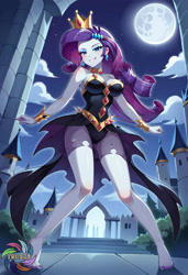 Size: 2496x3648 | Tagged: safe, ai content, derpibooru import, machine learning generated, rarity, human, equestria girls, g4, black dress, castle, clothes, crown, dress, feet, female, generator:civitai, jewelry, looking at you, moon, night, outdoors, prompter:trux23, regalia, solo, solo female