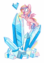 Size: 2293x3276 | Tagged: safe, artist:cutepencilcase, derpibooru import, princess cadance, alicorn, pony, g4, climbing, copic, crystal, crystal heart, cute, cutedance, female, mare, simple background, solo, traditional art, white background