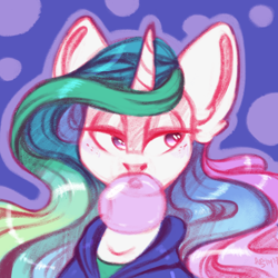 Size: 2000x2000 | Tagged: safe, artist:amishy, derpibooru import, princess celestia, alicorn, pony, g4, bubblegum, bust, clothes, female, food, gum, hoodie, lidded eyes, mare, portrait, solo