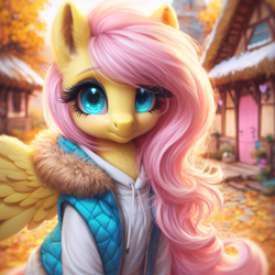 Size: 4096x4096 | Tagged: safe, ai content, machine learning generated, fluttershy, pegasus, pony, autumn, clothed ponies, clothes, female, looking at you, mare, pink mane, ponyville, solo, winter outfit