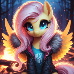 Size: 4096x4096 | Tagged: safe, ai content, machine learning generated, fluttershy, pegasus, pony, best pony, campfire, clothed ponies, clothes, cute, female, forest, looking at you, mare, night, pink mane, smiling, smiling at you, solo, spread wings, winter outfit