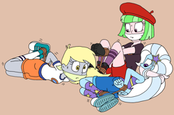 Size: 2556x1683 | Tagged: safe, artist:bugssonicx, derpibooru import, derpy hooves, melon mint, trixie, equestria girls, g4, legend of everfree, bondage, brown background, camp everfree outfits, cloth gag, converse, female, gag, shoes, simple background, trio, trio female