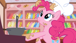 Size: 1920x1080 | Tagged: safe, derpibooru import, screencap, pinkie pie, earth pony, pony, g4, season 5, the lost treasure of griffonstone, batter, bowl, chef, chef's hat, female, food, hat, indoors, kitchen, mare, mixing bowl, solo, sugarcube corner