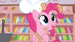 Size: 1920x1080 | Tagged: safe, derpibooru import, screencap, pinkie pie, earth pony, pony, g4, season 5, the lost treasure of griffonstone, batter, bowl, chef, chef's hat, female, food, hat, indoors, kitchen, mare, mixing bowl, solo, sugarcube corner